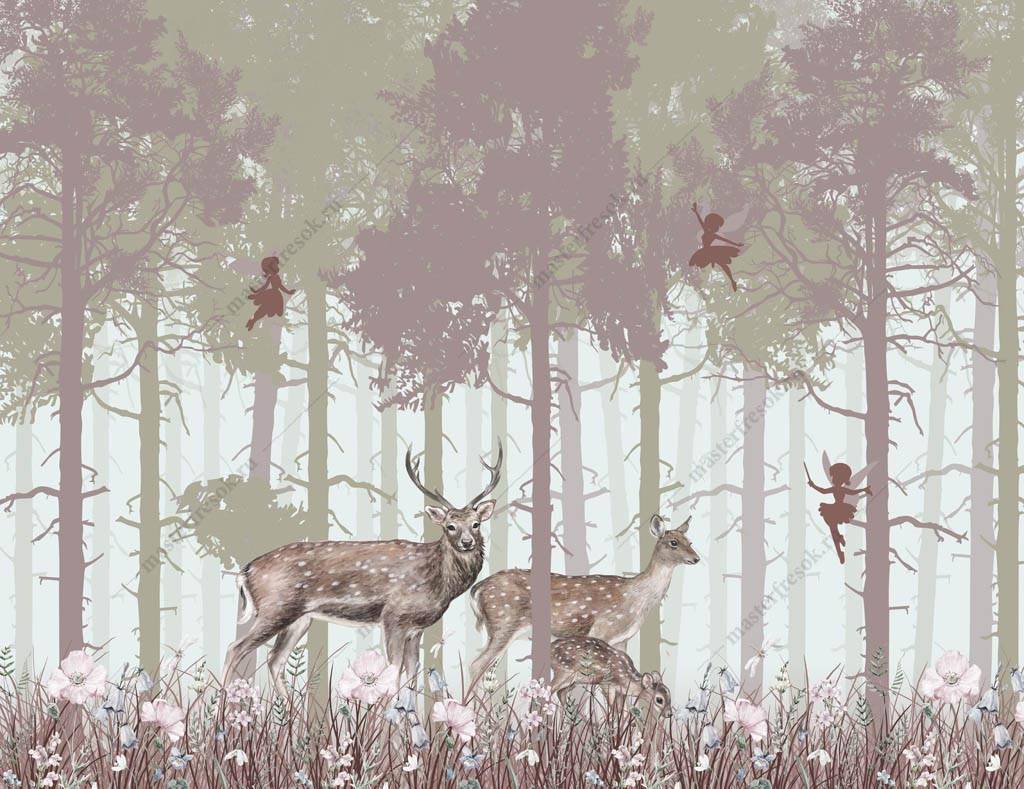 Фотообои Волшебный лес с оленями